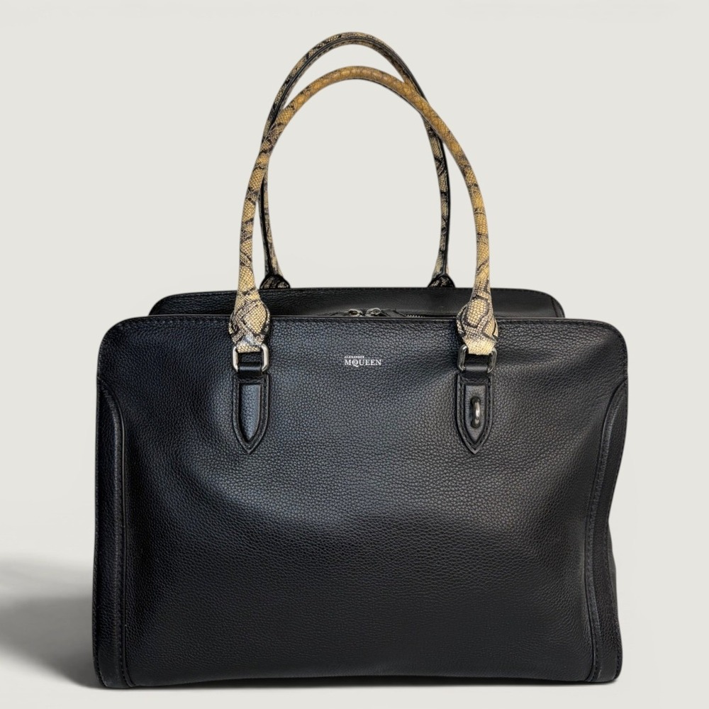 Alexander McQueen Black Leather Padlock Zip Around Tote Large Snakeskin Handles